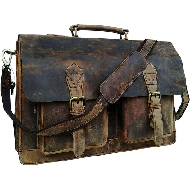 VC 18 Inch Vintage Handmade Leather Messenger Bag Laptop Briefcase Computer Satchel Bag for Men Dark Brown 